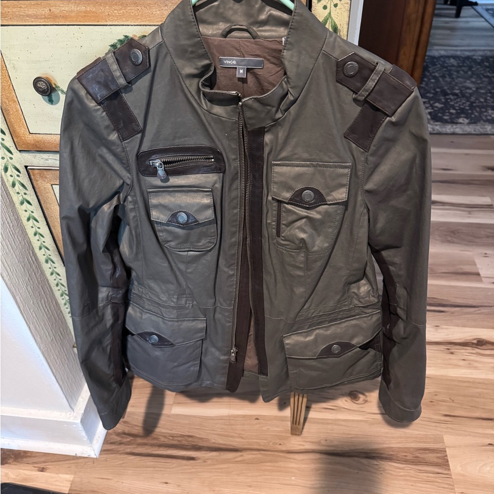 Vince Olive Military-Inspired Field Jacket with Epaulettes